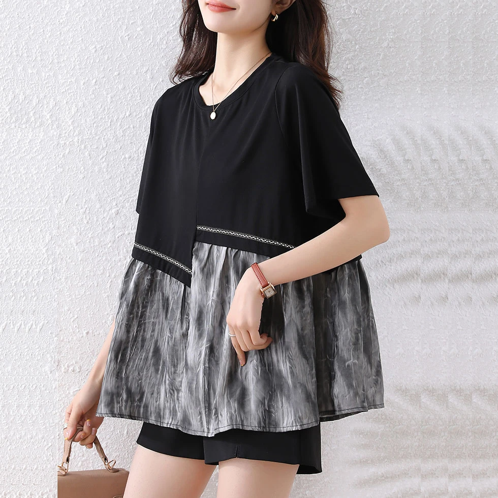 大码女装假两件气质宽松加肥加大胖mm200斤遮肚子显瘦印花拼接T恤