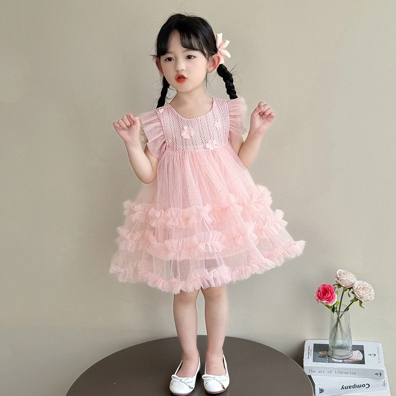 女小童连衣裙蕾丝2025新款洋气儿童飞袖公主裙夏季女宝宝网纱裙子