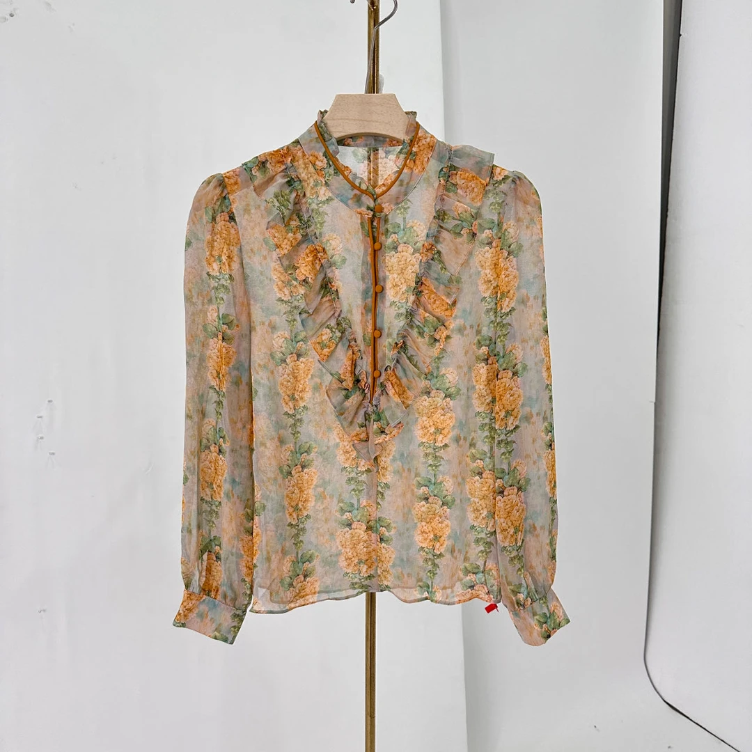 薄款灯笼袖修身型拼接时尚夏季荷叶边显瘦衬衫春夏K08