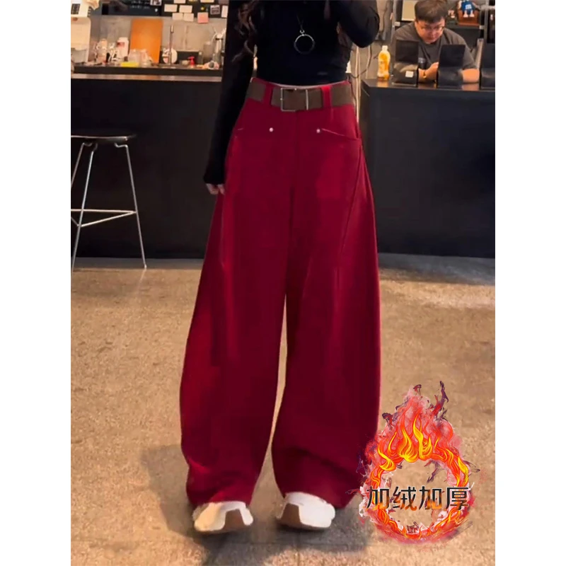 红色弯刀休闲裤子女2025新款秋冬加绒加厚独特超好看慵懒风阔腿裤