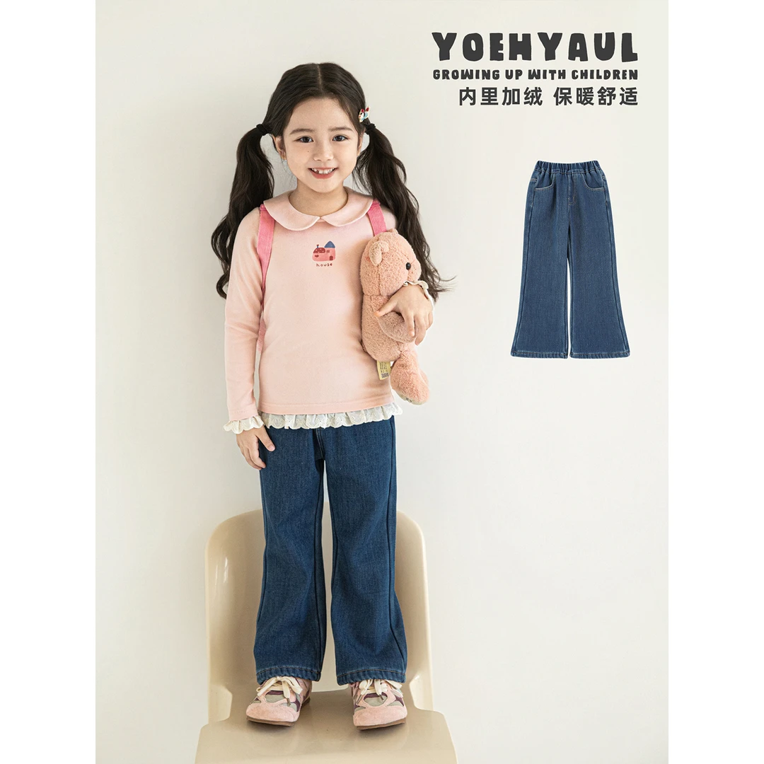幼悠女童冬装复古保暖加绒微喇牛仔裤潮酷痞帅童装儿童裤子D4346