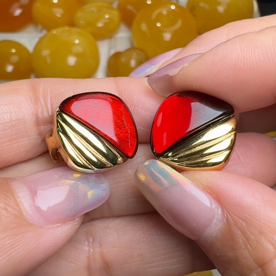 定制琥珀银S925镀金镶嵌血珀有烤色