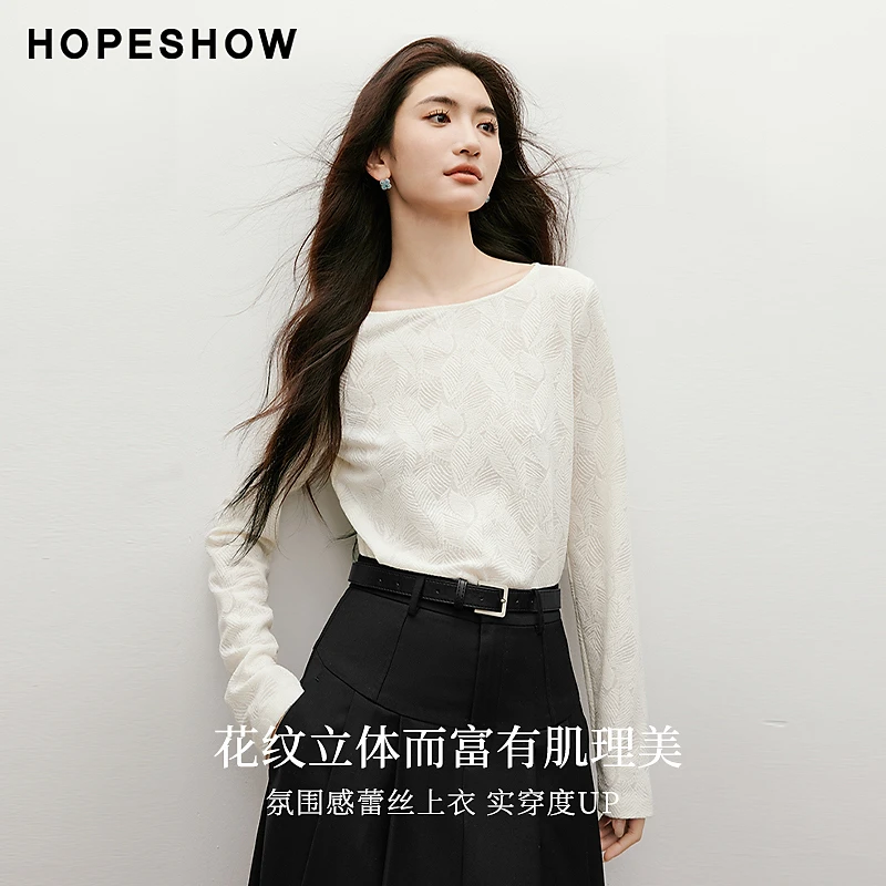 红袖春季2025新款女装 肌理感一字领套头修身蕾丝上衣90125520204