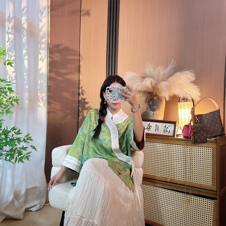 【青萝】明星同款绿色拼接七分袖宽松国风新中式上衣女外套