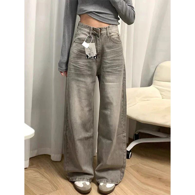 美式复古灰色阔腿牛仔裤女夏季新款高腰宽松显瘦百搭直筒拖地裤子