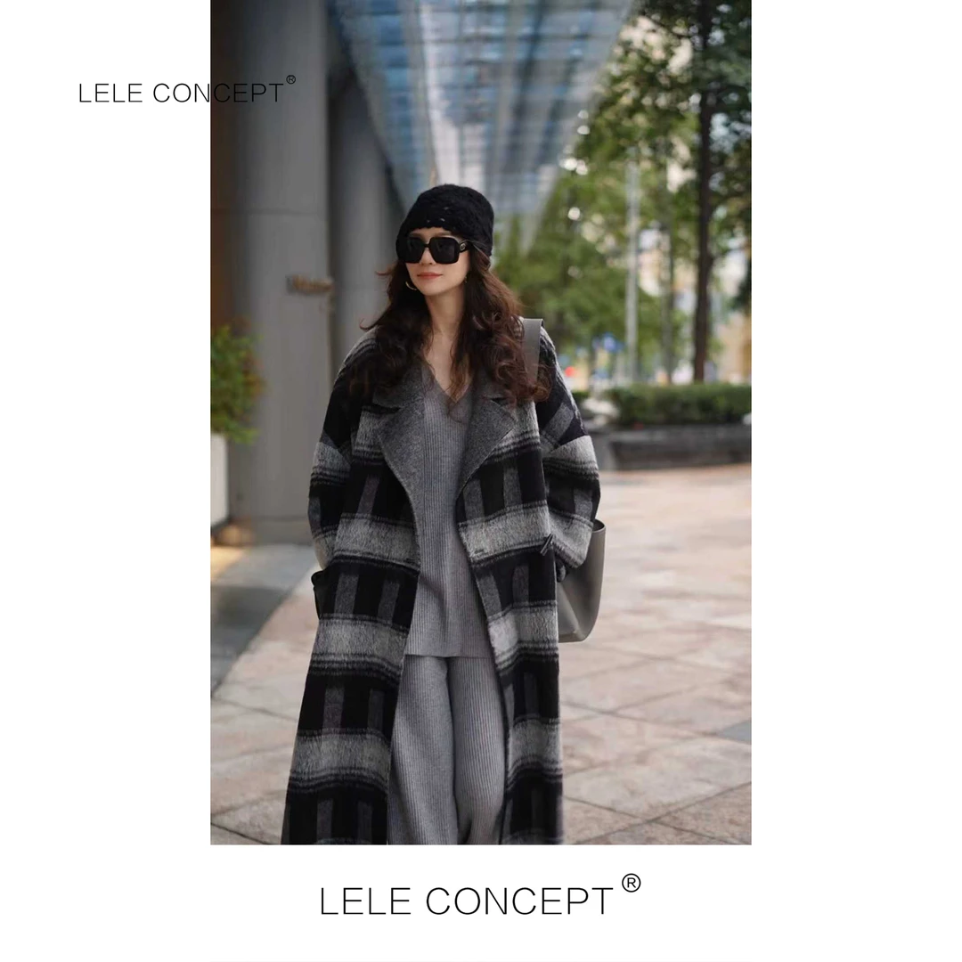 LELE CONCEPT | 【霜墨格叙】都市时尚长款翻领格子大衣D0129