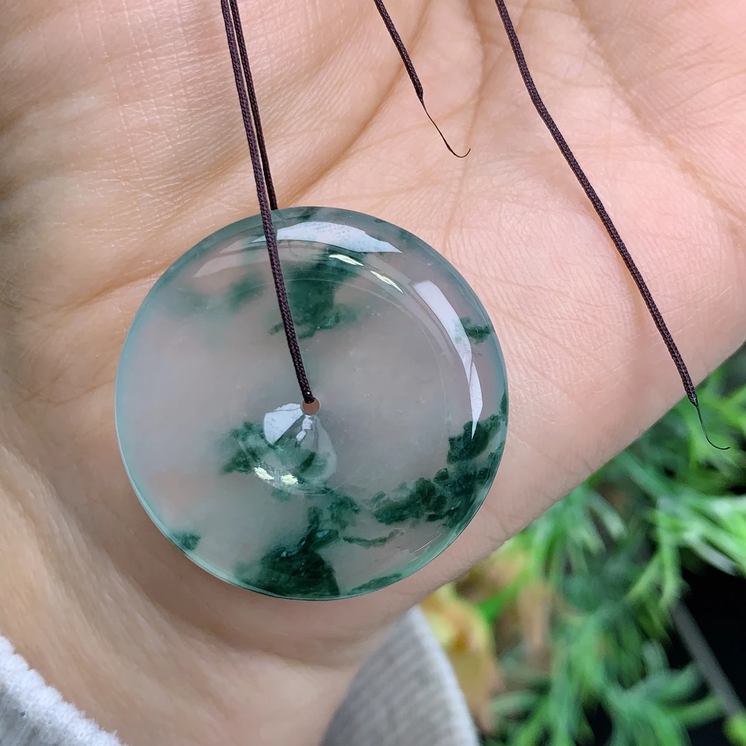 缅甸天然翡翠高冰起光飘花平安扣吊坠美尺寸30.8/5.7mm