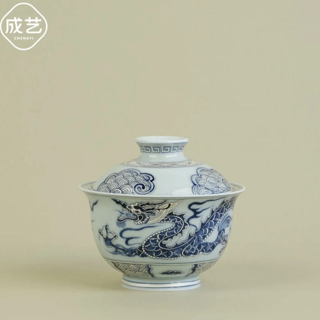 成艺覆银盖碗禅意陶瓷盖碗茶具文人茶器大号中式泡茶碗青花瓷茶杯