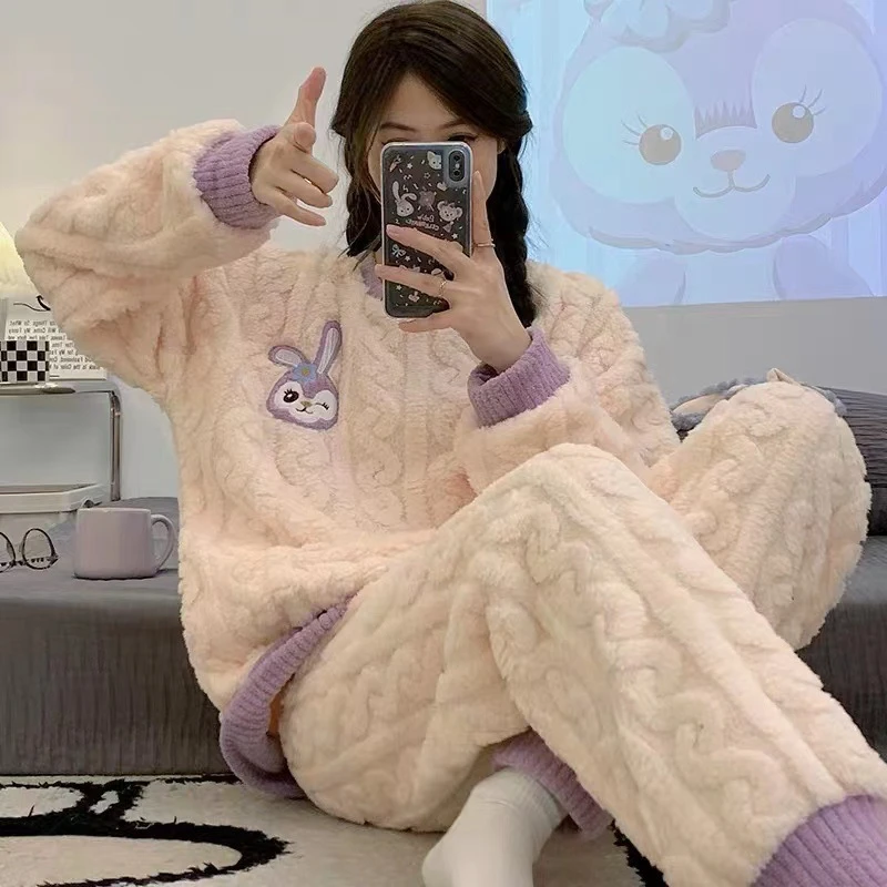 2025珊瑚绒睡衣女秋冬季大码紫色兔加绒加厚套装法兰绒春秋女款家
