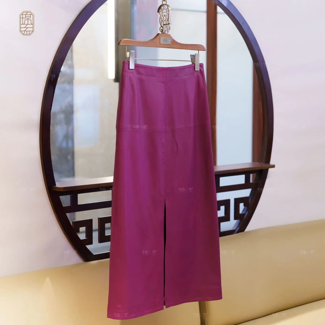 【锦系-新款】羊皮新中式国风后松紧腰前开叉半裙QP-36907