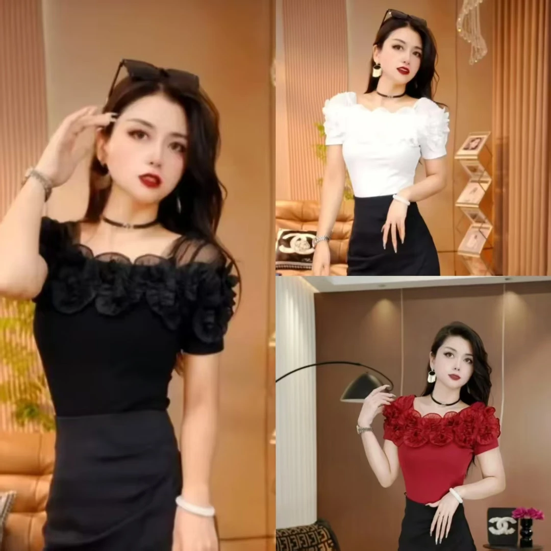 【燕子推荐】2025夏季新款欧货时尚立体花朵百搭修身短袖 T恤110-