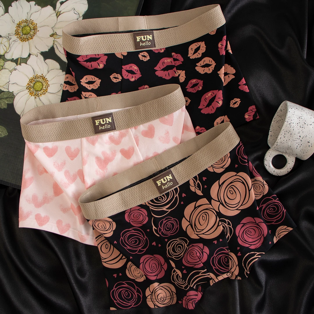 男士内裤玫瑰爱心印花新款男士平角裤舒适宽松透气中腰平角裤
