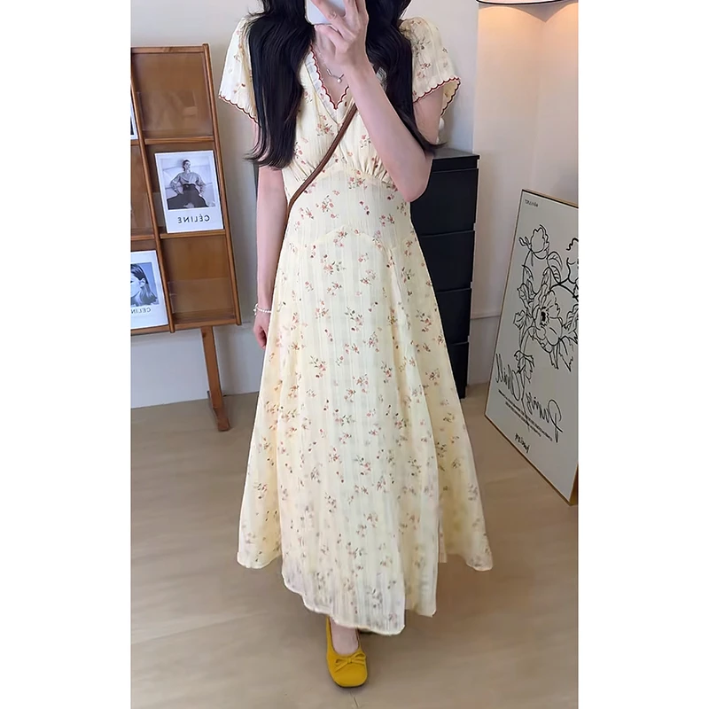 FRVXO纯欲气质V领小岛蔷薇碎花显瘦小众设计感连衣裙收腰长裙