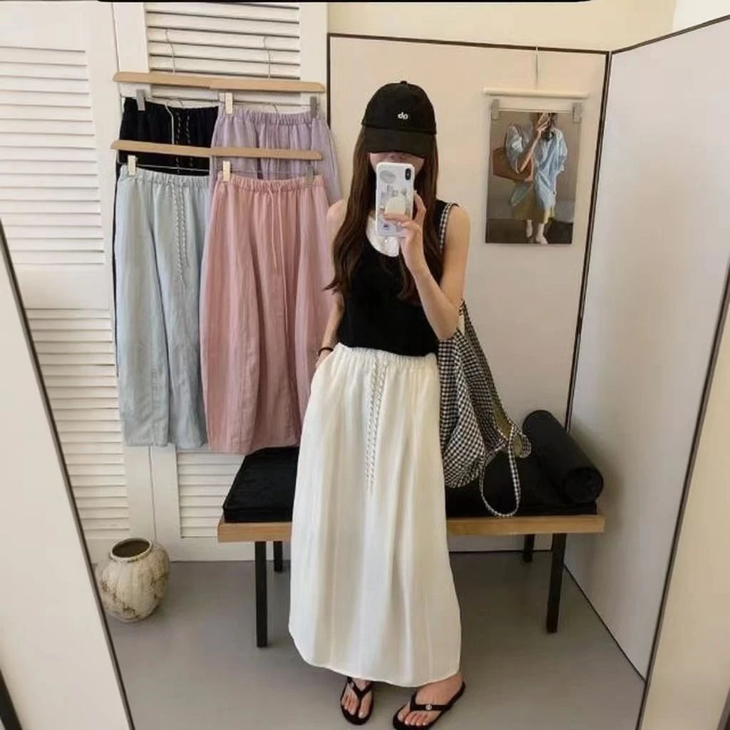 2025夏季女款韩系亚麻纯色水母裙显瘦百搭气质时尚设计感半身裙