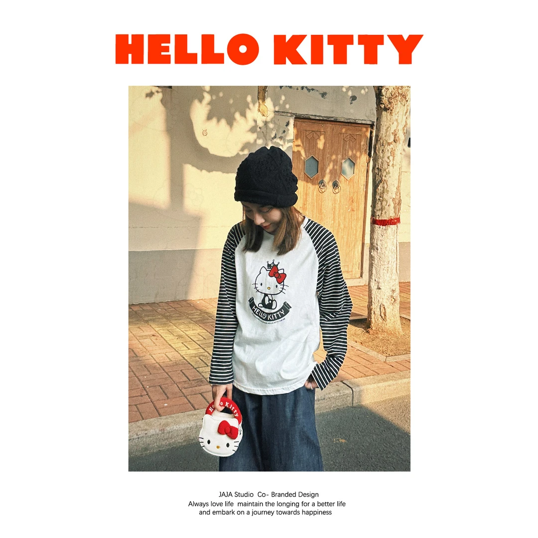 『JAJA佳一』三丽欧HELLO KITTY~正版插肩条纹袖上衣T恤