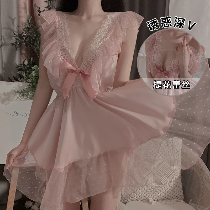 少女 甜美大码睡衣露背诱惑波点网纱吊带睡裙女可爱家居服套装