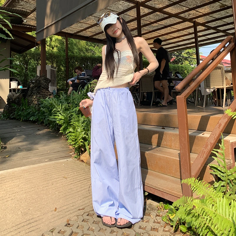 韩系长裤子女慵懒蓝色竖条纹阔腿裤夏季薄高腰直筒宽松休闲拖地裤