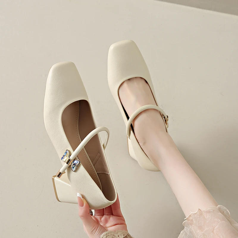 法式小众彩色蝴蝶结玛丽珍高跟鞋女粗跟不累脚羊皮垫方头米白单鞋