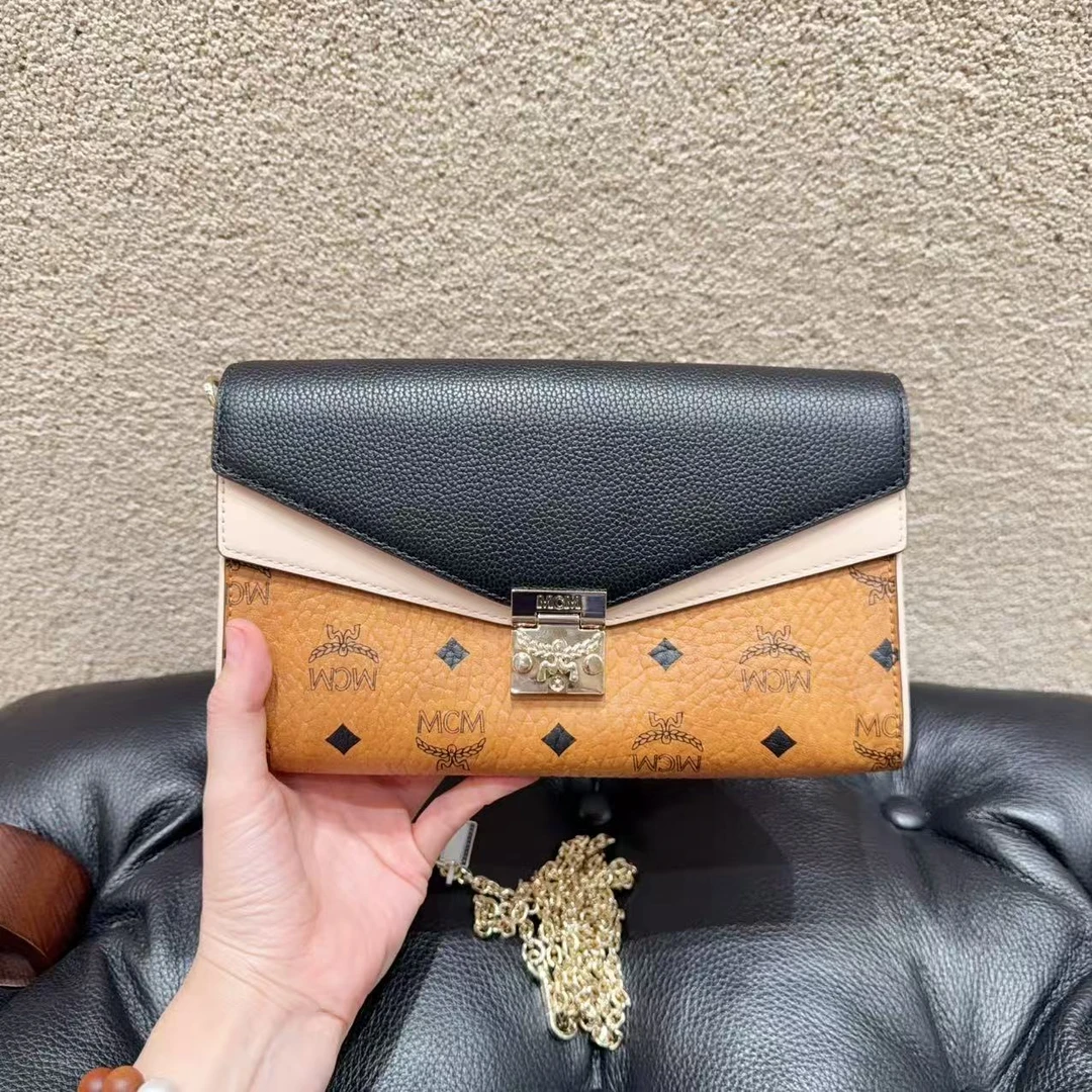 99新 MCM 棕色老花拼皮 woc链条单肩斜挎包