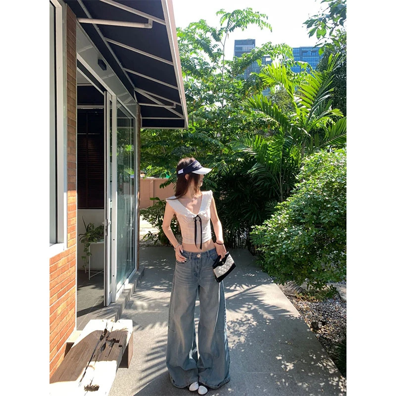 夏季新款温柔风气质时尚V领短款背心上衣高腰复古百搭休闲牛仔裤