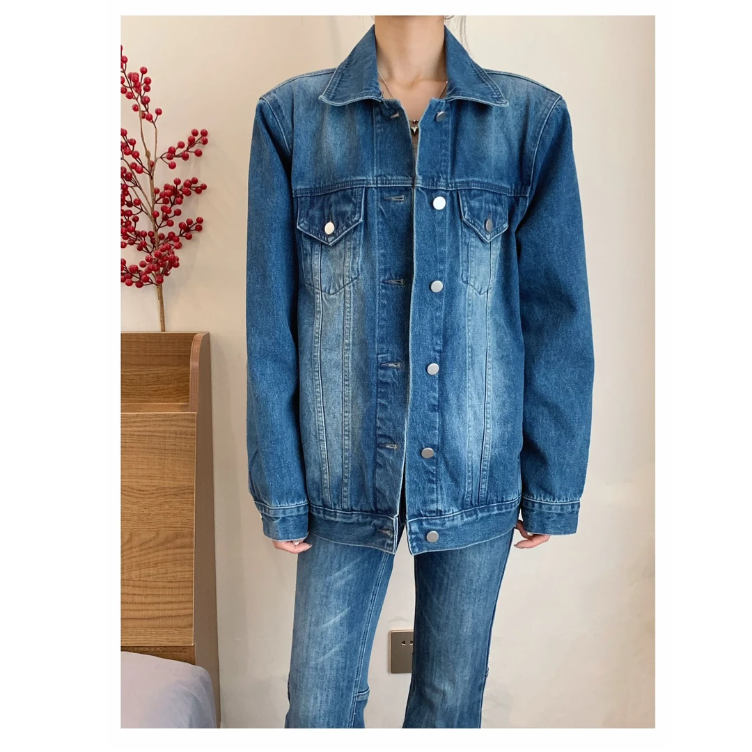 【赵瘦子】「复古牛仔」高级感廓形垫肩宽松水洗翻领牛仔外套 潮流