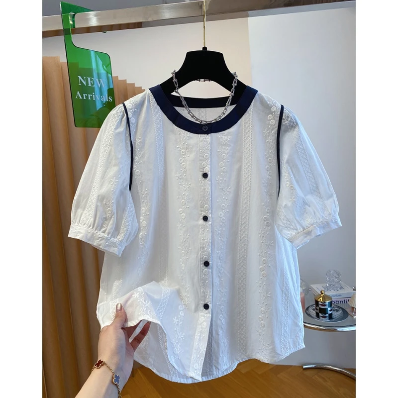 白色刺绣衬衫女短袖2025夏季新款宽松休闲圆领洋气小衫泡泡袖上衣