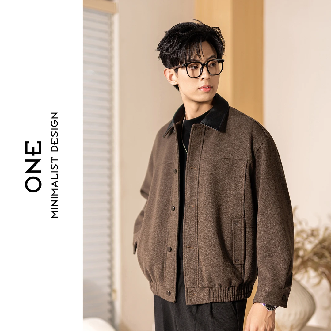 秋冬复古风翻领毛呢外套男冬季宽松老钱风男士外套保暖夹克上衣