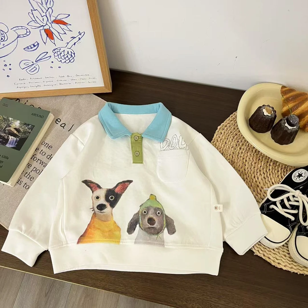 儿童春秋卡通小狗拼色套头衫H1982