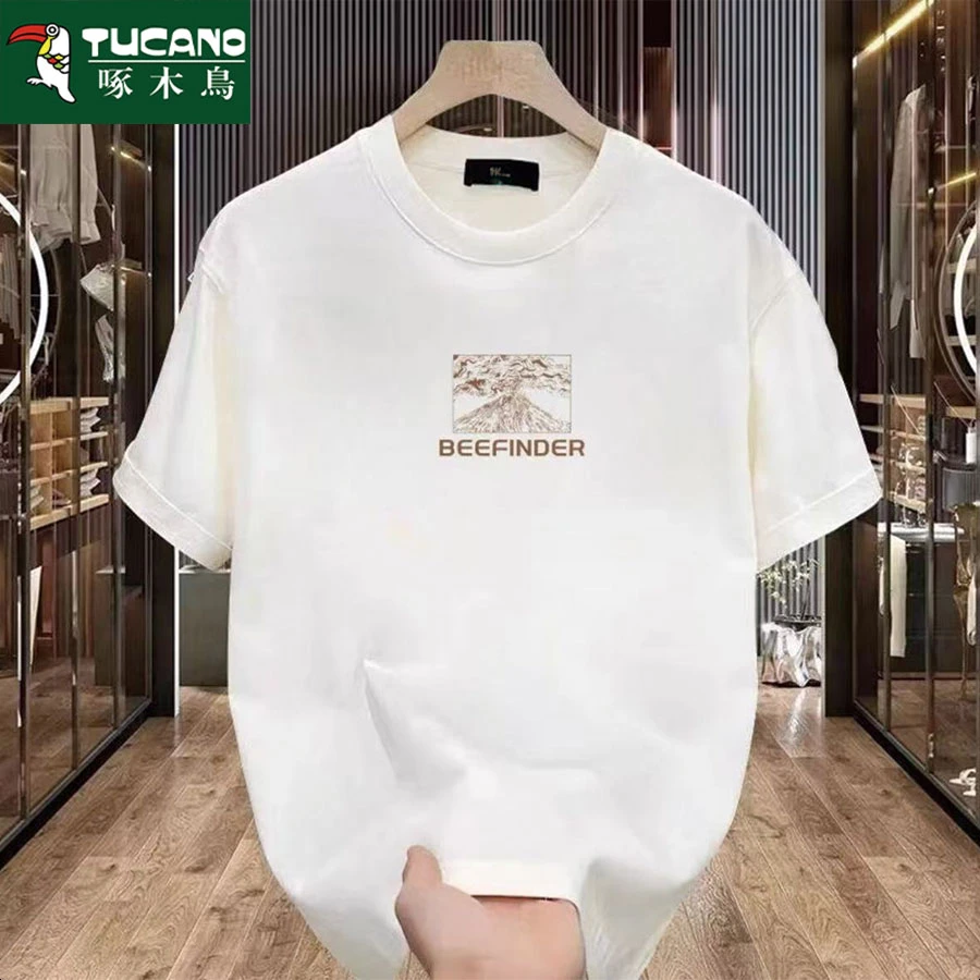 啄木鸟纯棉T恤印花短袖圆领宽松卡通大码男士上衣黑色韩版百搭