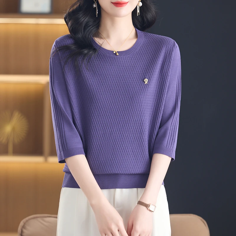 高级感圆领春夏季新款七分袖上衣宽松短款洋气纯色薄款针织打底衫