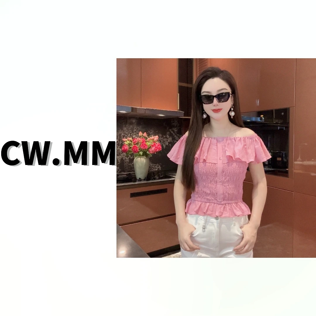 CW.MM 胭脂粉荷叶打缆洋气一字肩方领两穿上衣