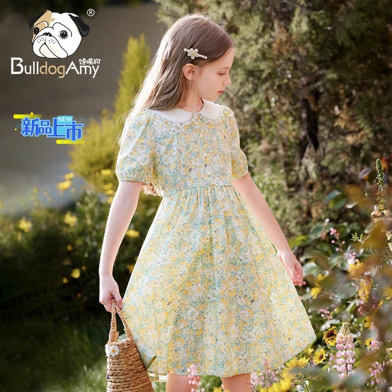 【现货】QF932273女童纯棉连衣裙2025夏娃娃领碎花公主裙泡泡袖裙子