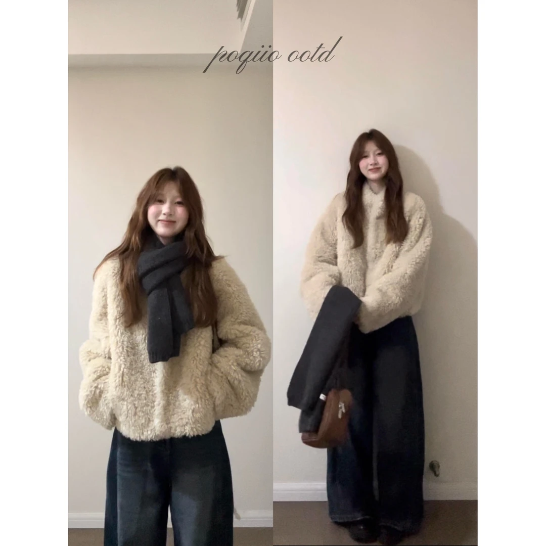 2025冬季穿搭一整套女装韩版时尚保暖宽松外套阔腿牛仔裤两件套潮