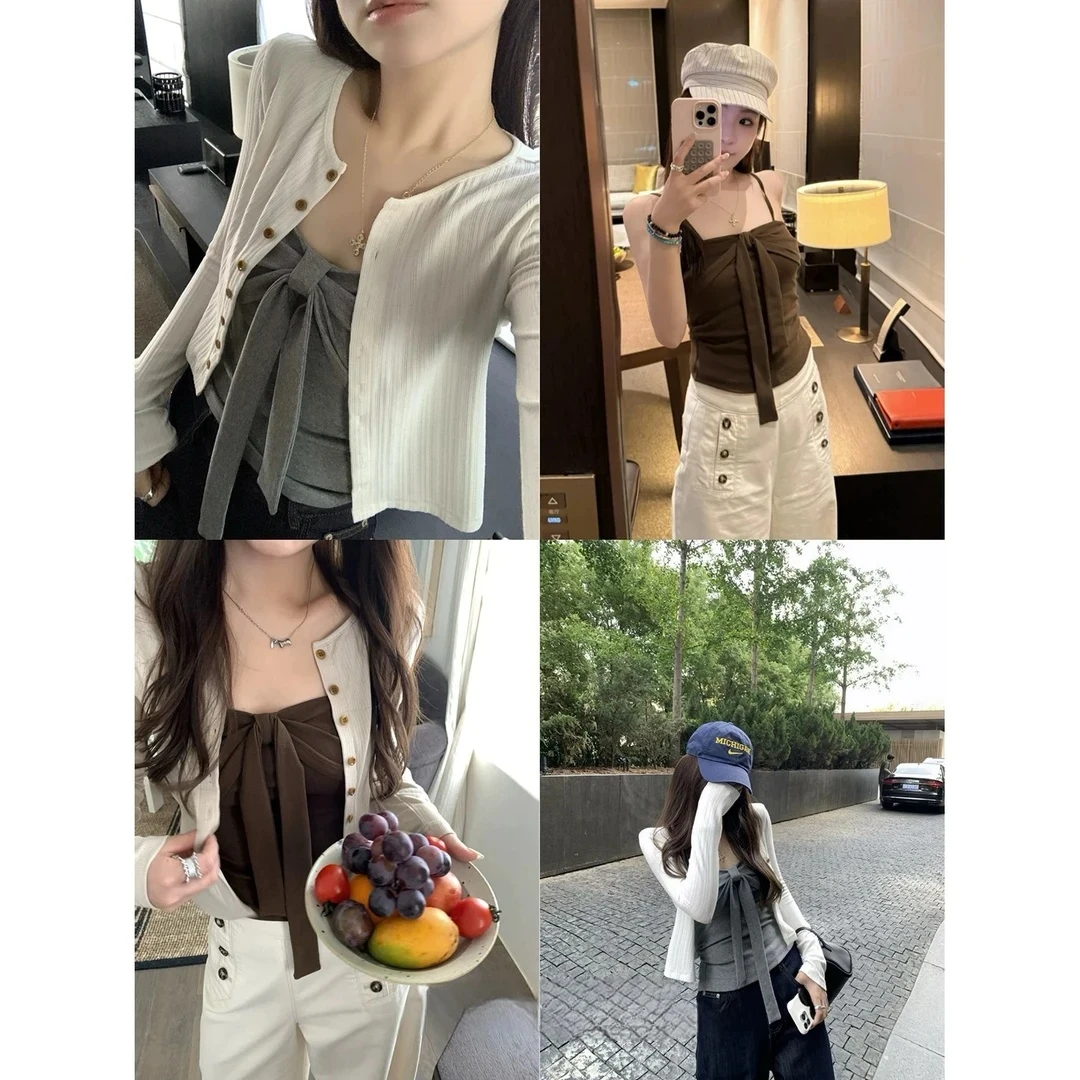 蝴蝶结设计吊带内搭背心+坑条针织开衫薄款短款外套