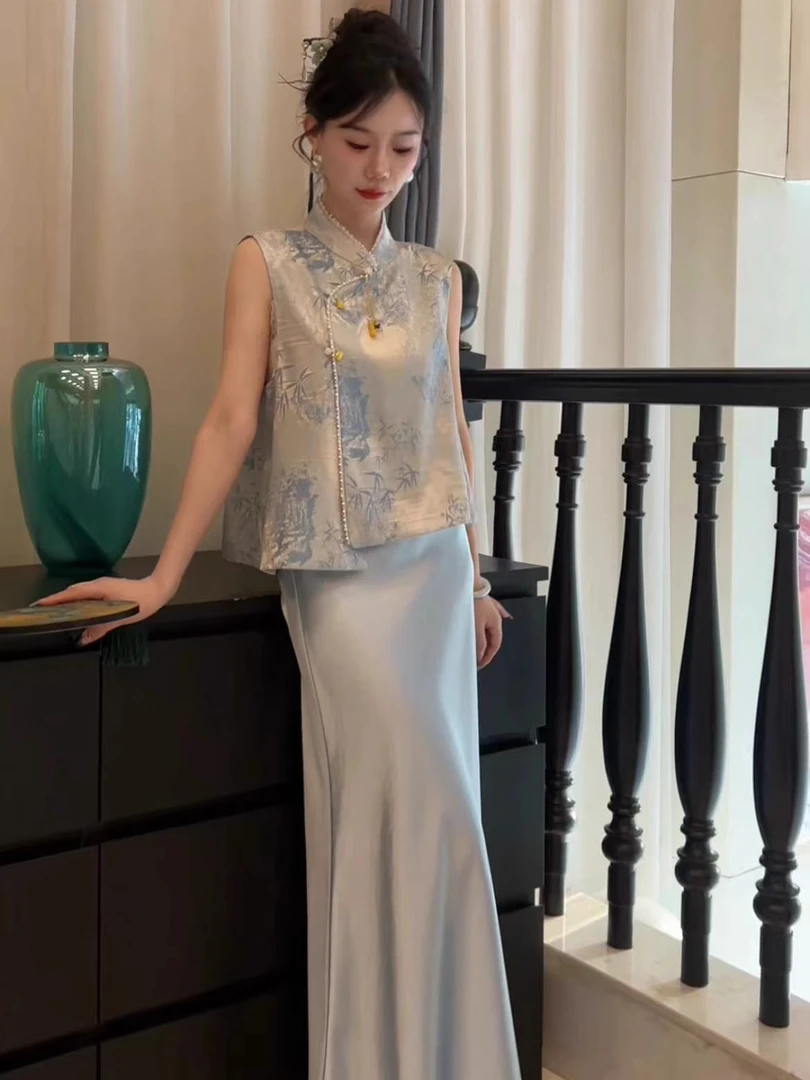 新中式国风套装裙女2025夏季新款复古宽松显瘦提花无袖马甲半身裙