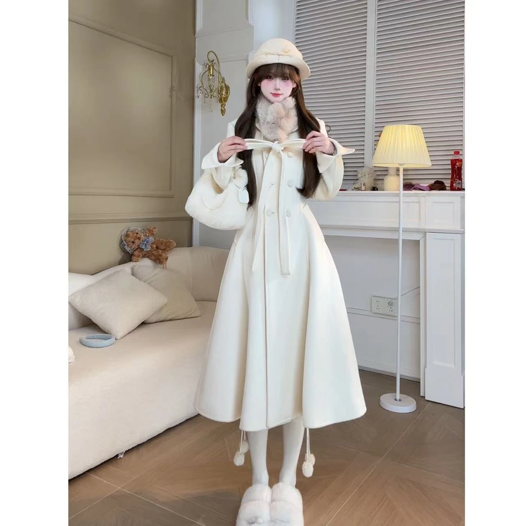 Nico【游梦巴黎】米白色长款收腰呢子大衣2025秋冬名媛气质高级大衣