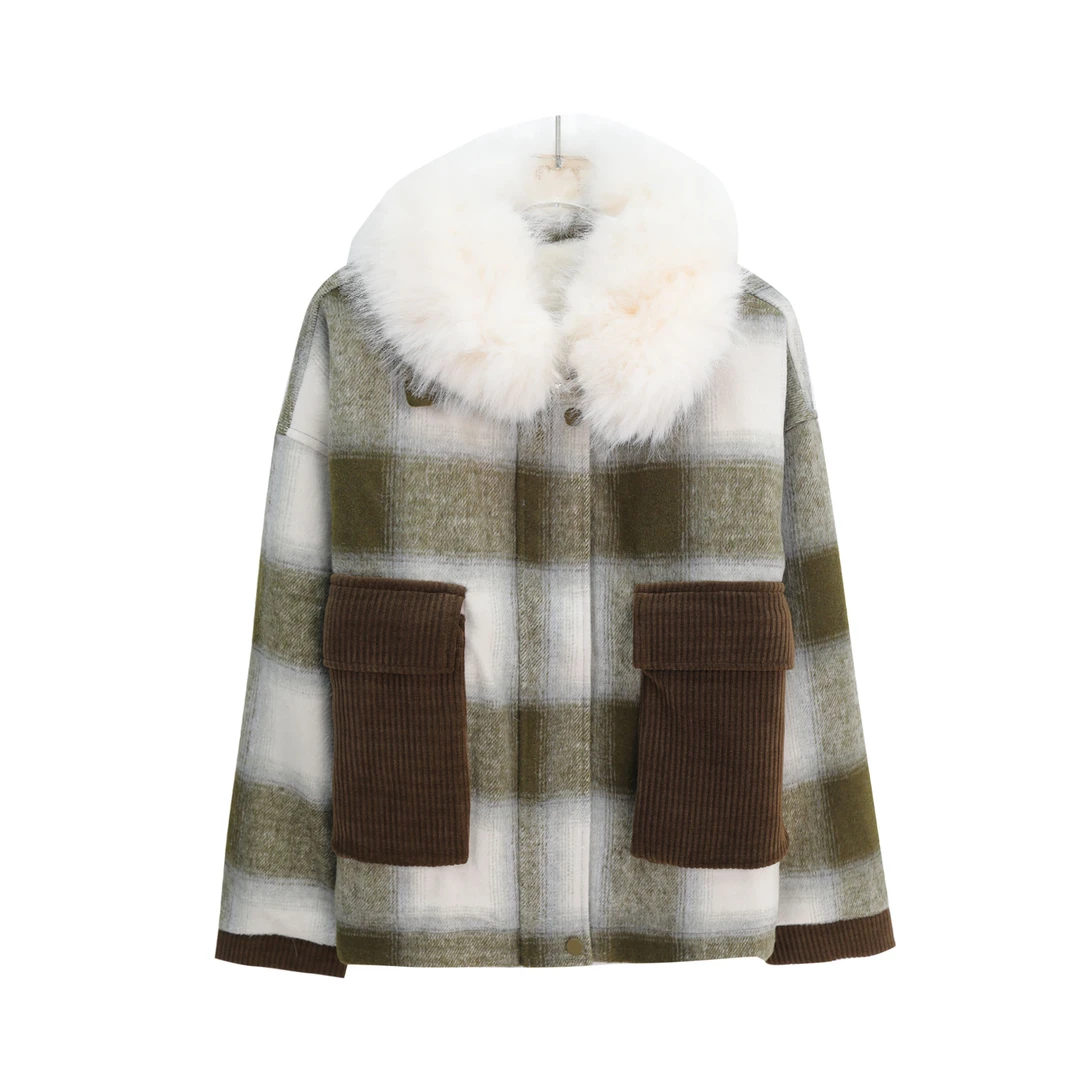 新款复古格纹毛呢外套韩系加厚毛绒大衣S4869