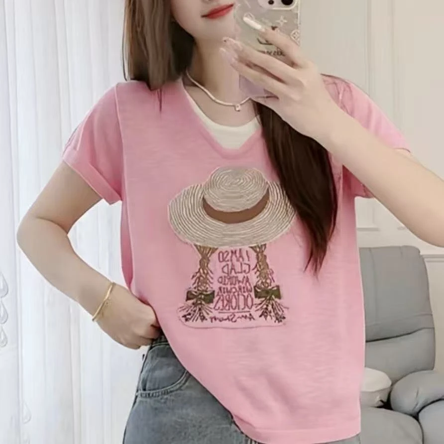 【草帽假两件】夏女士假两件印花短袖时尚减龄大码宽松显瘦t恤上衣