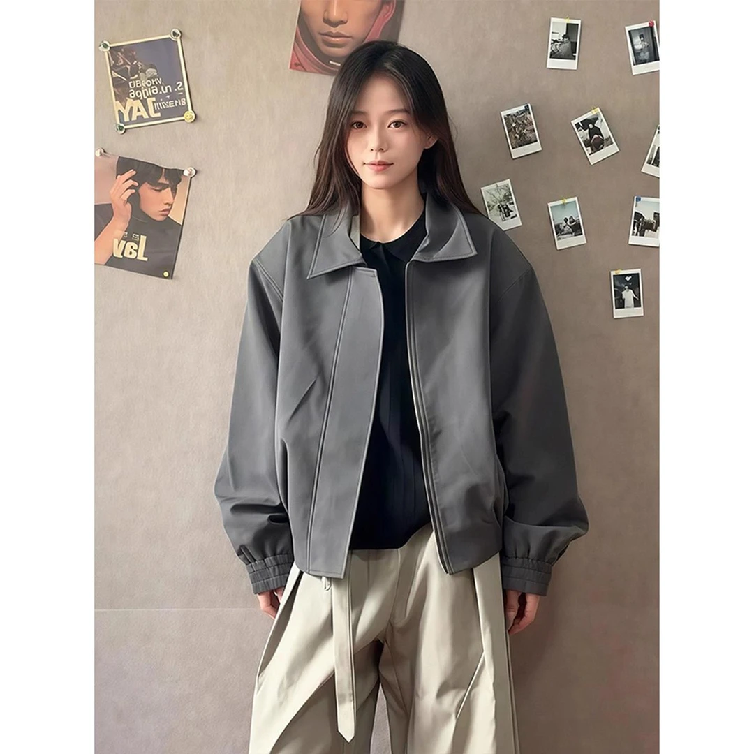 foygob灰色正肩飞行夹克男女短款秋季美式外套cleanfit翻领棒球服