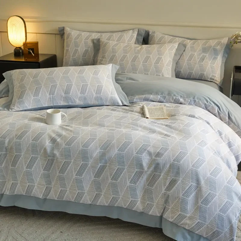 富安娜全棉加厚磨毛四件套简约轻奢亲肤被套印花床单笠款床上用品