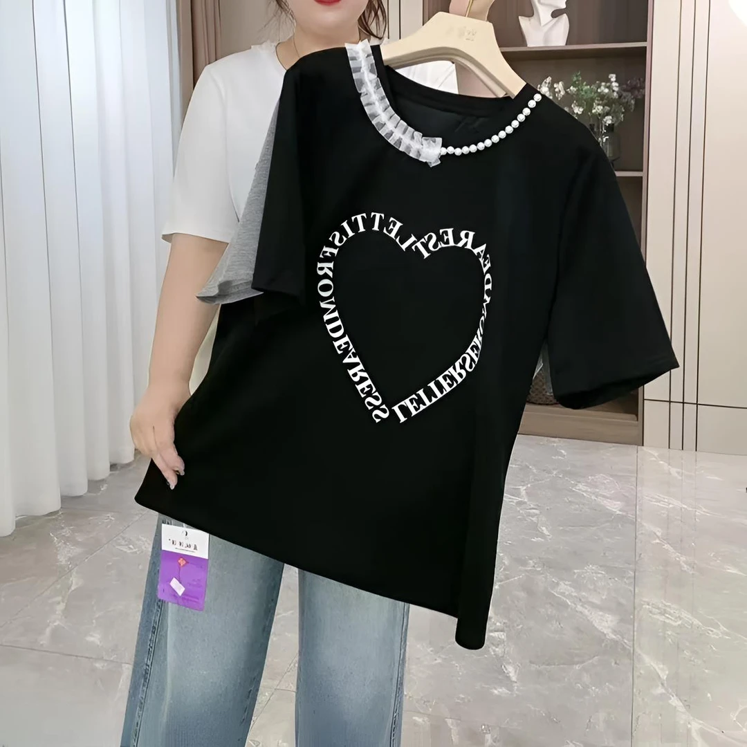 苗姐推荐新款大码宽松甜美爱心蕾丝半袖珍珠23771