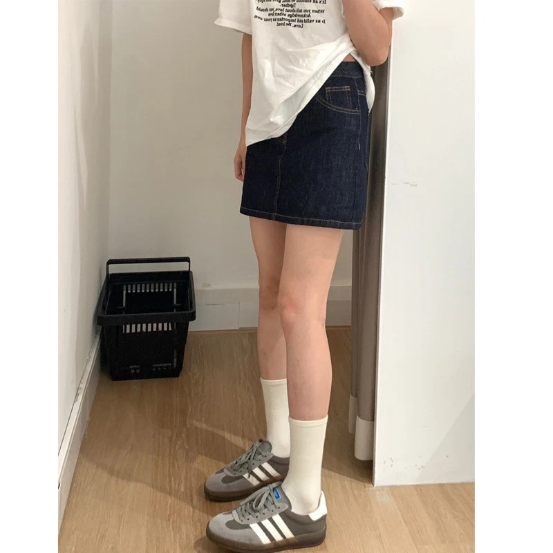 丹尼深蓝色牛仔半身裙女夏季薄款高腰a字裙显瘦防走光包臀短裙裤