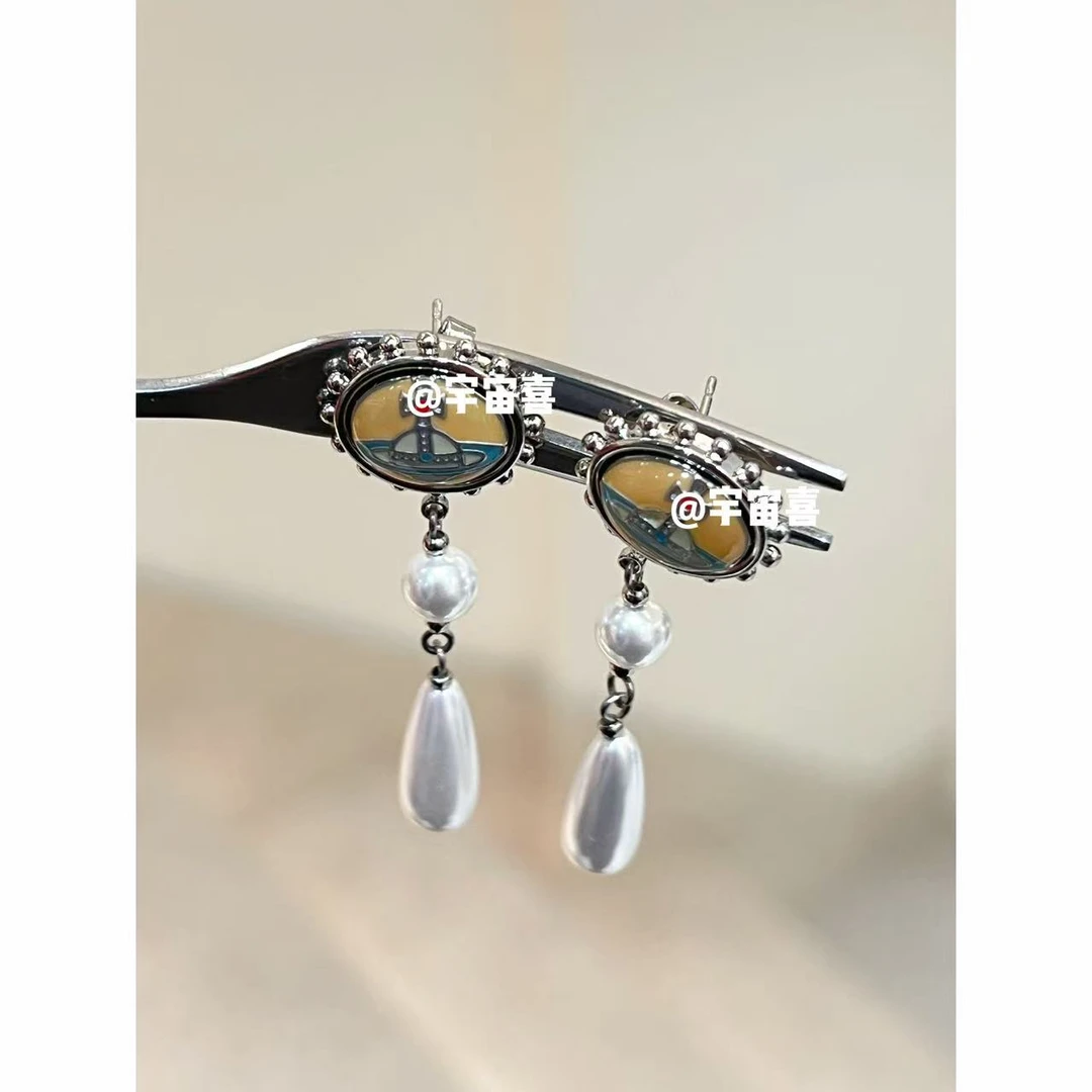 铜合金仿珍珠耳饰 Q2-004【珐琅黄咖撞色徽章星球坠贝珠流苏耳钉】