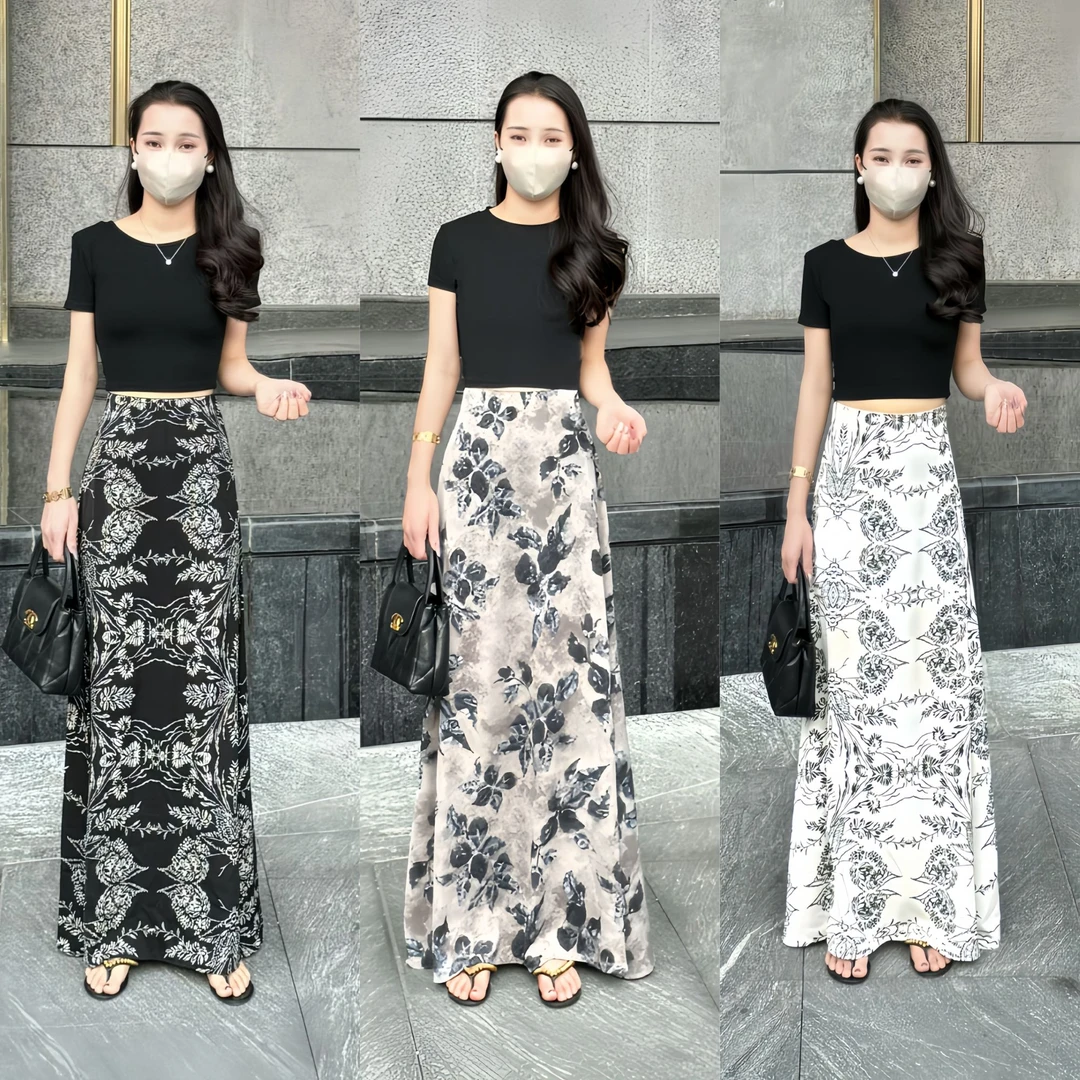 【CC】夏季新款小个子高个子复古气质百搭显瘦高腰A字半身长裙