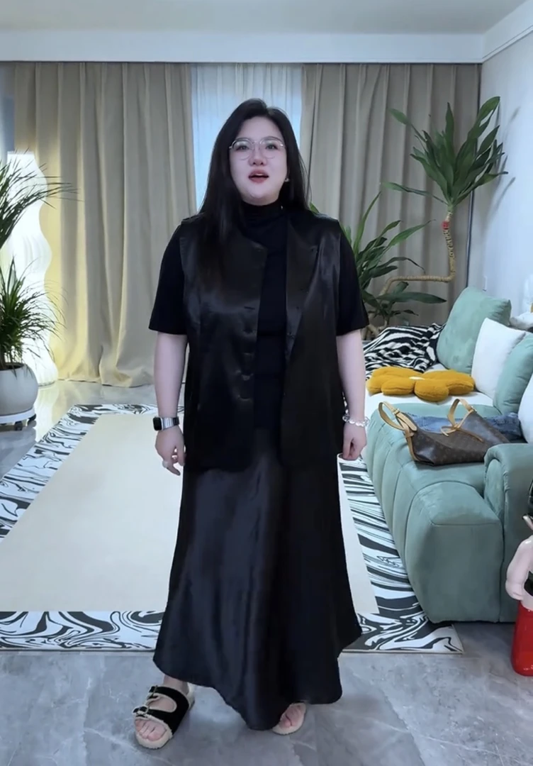 新款法式轻奢高级感显瘦无袖马甲丝滑垂感半身长裙两件套套装4539