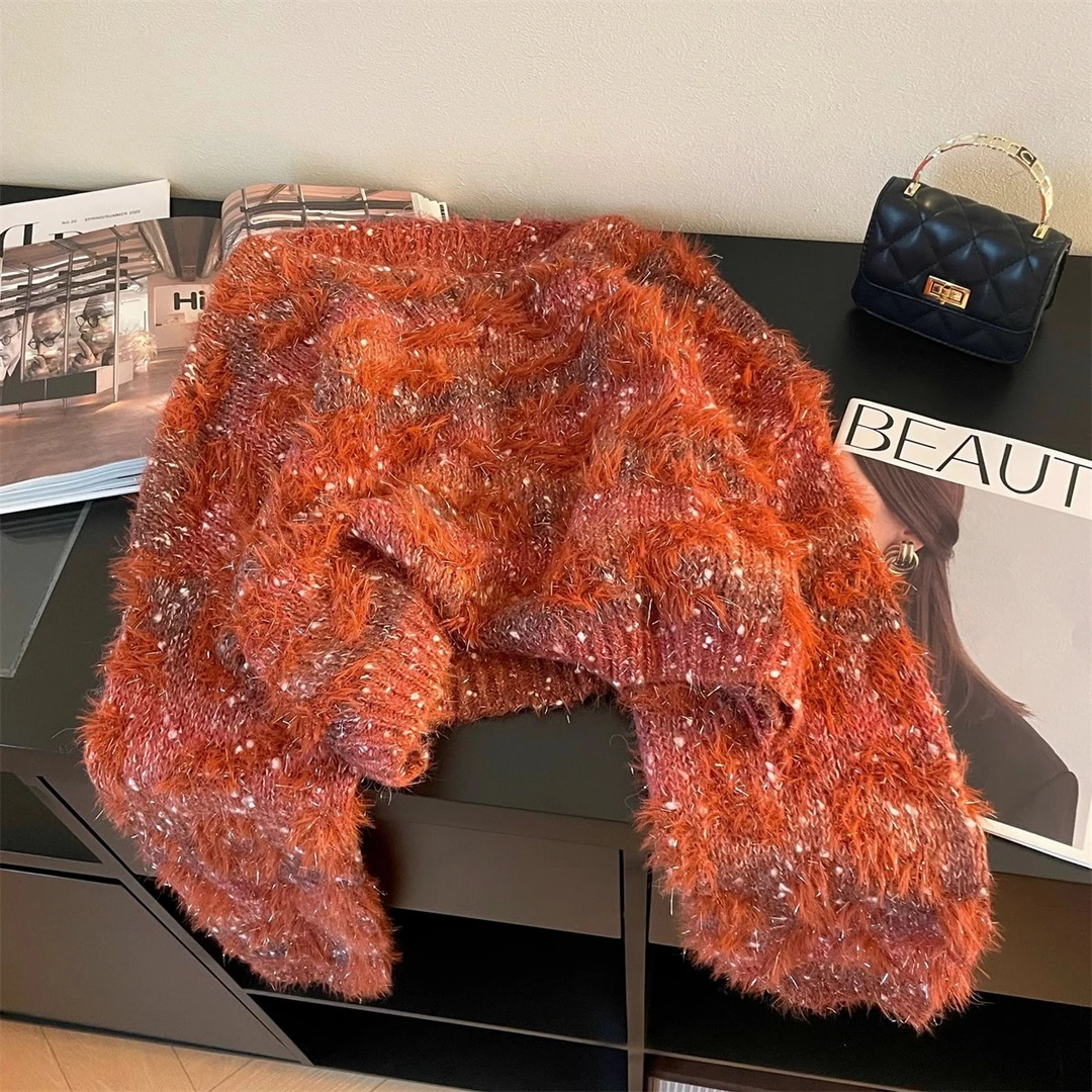 红色设计感时尚长袖短款慵懒风毛衣打底女2025秋冬高级感洋气上衣