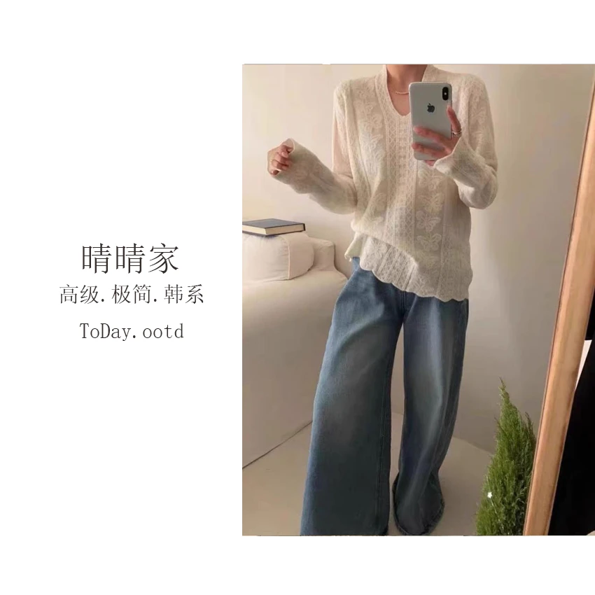 晴晴家-【时光线条】韩系秋季时尚百搭简约气质V领蕾丝打底衫402