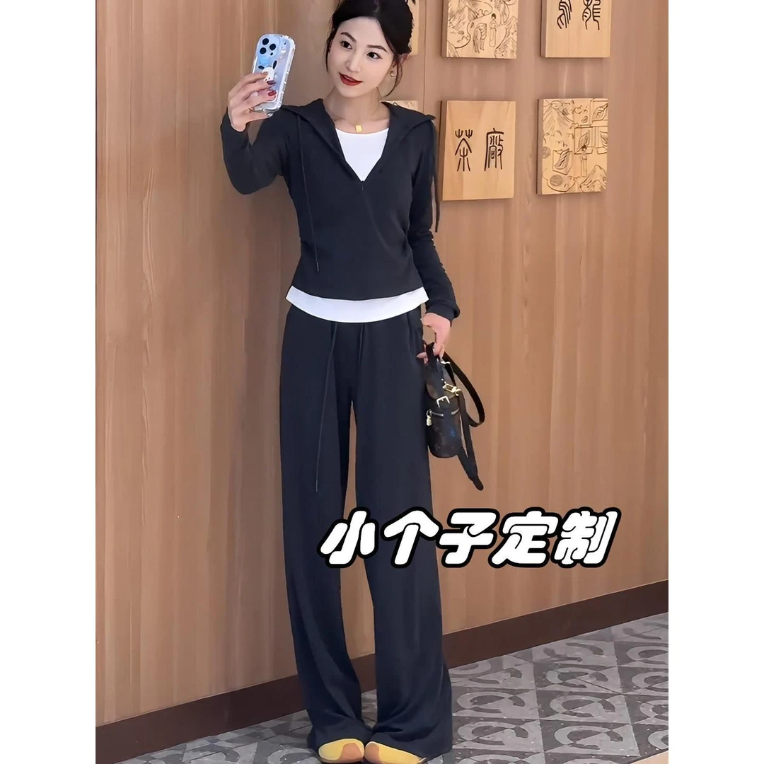 灰色假两件显瘦连帽上衣休闲垂感阔脚裤子女春秋季爆款时尚两件套