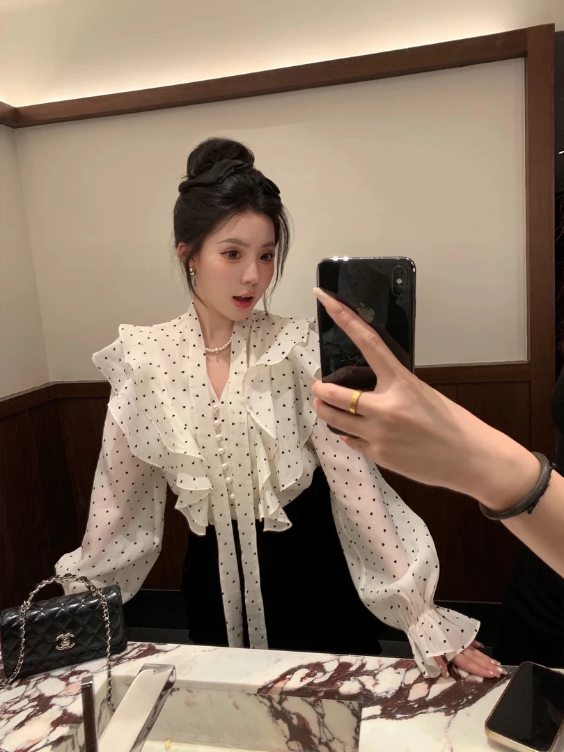 【现货】荷叶边系带爱心波点雪纺长袖衬衫女2025春季新款法式上衣