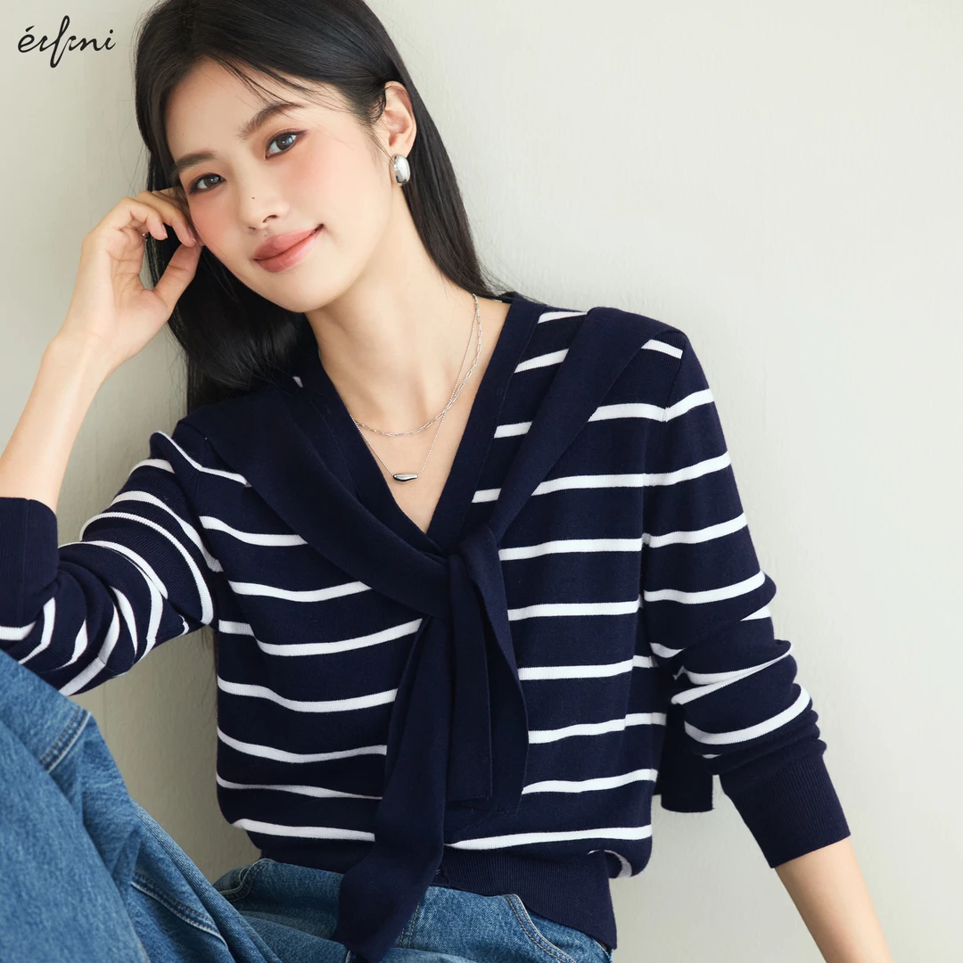 伊芙丽假两件设计感披肩条纹V领针织开衫2025秋新款1G8932381